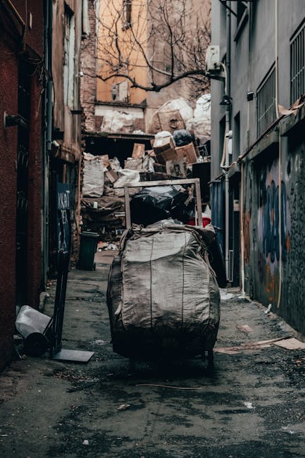 A narrow urban alleyway filled with a large pile of mixed waste, including cardboard boxes, plastic bags, and other refuse, stacked against the back wall. In the foreground, there is a wheeled black g